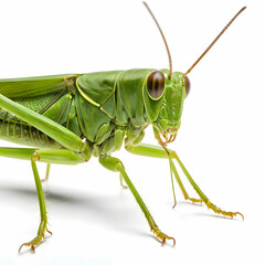 Closeup of a green grasshopper isolated on a white background