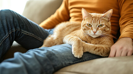 Relaxed orange tabby cat lounging on a person's lap while enjoying a cozy indoor moment