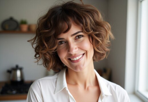 Smiling Woman in Bright Kitchen Reflecting Happiness and Warmth