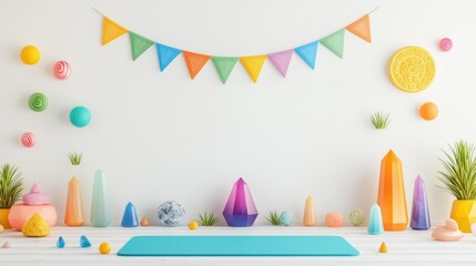 Vibrant yoga space with colorful decor.