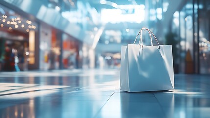 Naklejka premium A white shopping bag sits on a shiny floor in a bright, modern mall setting.