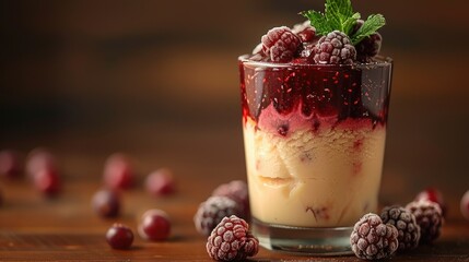 A delicious dessert featuring ice cream, raspberry sauce, and fresh raspberries in a glass.