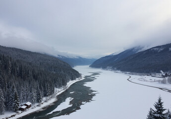 Snowy River Valley in Winter With Scenic fjords and Mountains