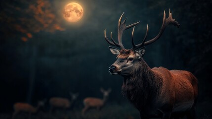 Majestic stag stands in a moonlit forest, showcasing its impressive antlers amidst a serene, mystical ambiance.