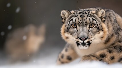 A majestic snow leopard prowls through the snow, showcasing its enchanting eyes and distinctive spotted fur.