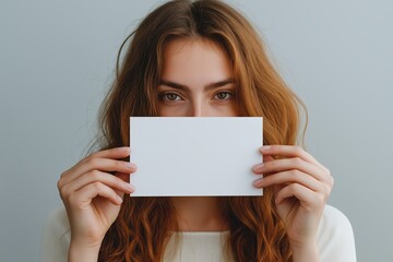 Naklejka premium Woman with red hair holding a small blank white card in front of her face, perfect for identity or branding designs. 