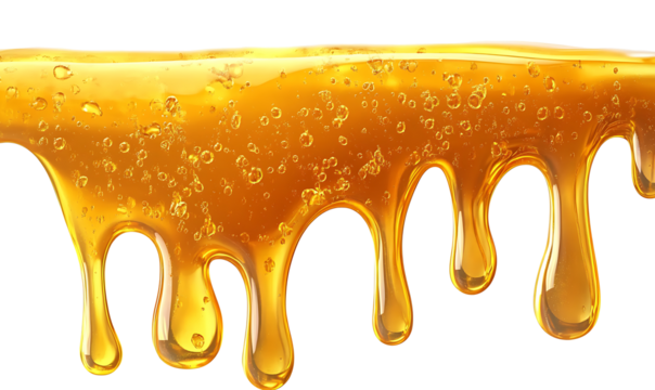  Golden honey drop close-up on a transparent background
