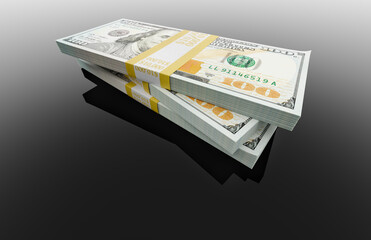 Stack of Thirty Thousand Dollars of One Hundred Dollar Bills on Black Reflective Surface.