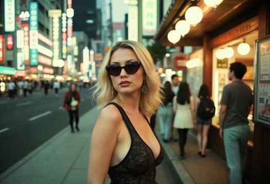 Fashionable Woman Posing in Vibrant City Street at Night