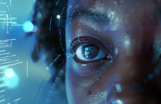 Side profile of a female cyber security computer specialist conducting data driven research analysis in cyberspace safety risks & privacy threats, stock market