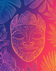 Tribal mask illustration with tropical leaves on colorful gradient