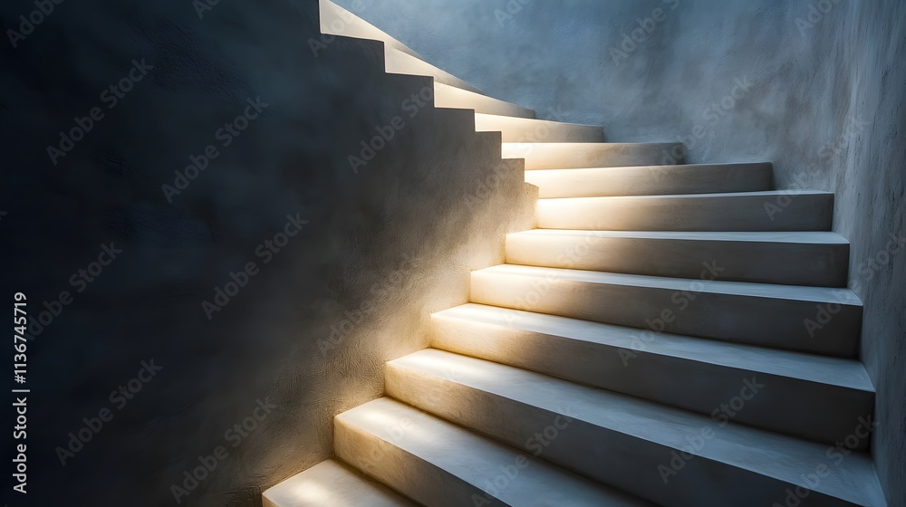 Poster elegant spiral staircase bathed in soft ambient light, showcasing minimalist design and modern archi