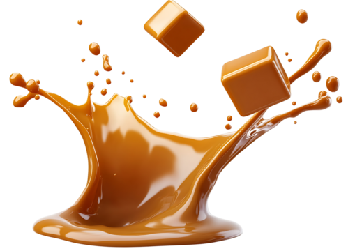 Splash of caramel with cube isolated on transparent background