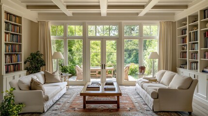 Fototapeta premium Luxurious library with large windows, sofas, and bookshelves overlooking a garden.