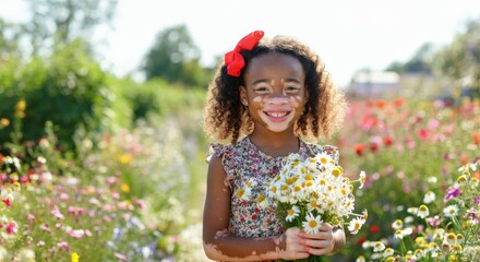 African american young girl with vitiligo holding daisies in vibrant garden setting