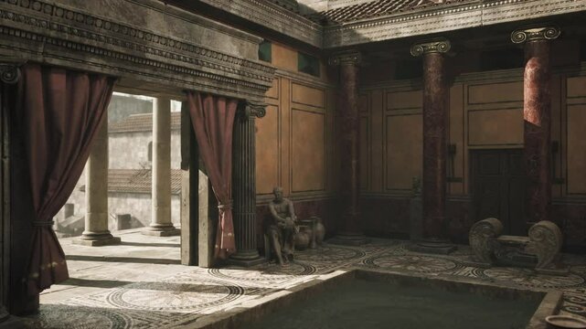 A serene moment in an ancient Roman bathhouse showcases detailed columns, lush drapery, and patterned flooring. A figure rests by the tranquil pool, evoking peace and relaxation.