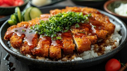 Fototapeta premium A delicious plate of crispy fried chicken on rice, topped with green onions and sauce.
