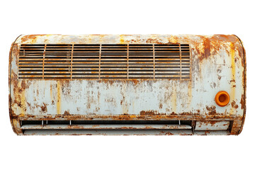 A damaged, rusty air conditioner, isolated on a transparent background, ideal for repair, maintenance, or weathered appliance-themed designs.