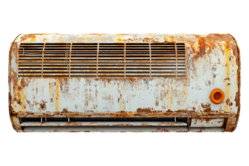 A damaged, rusty air conditioner, isolated on a transparent background, ideal for repair, maintenance, or weathered appliance-themed designs.
