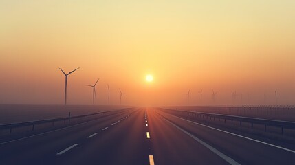 An empty highway at dawn, shrouded in a light mist, with distant wind turbines silhouetted against a rising orange sun.