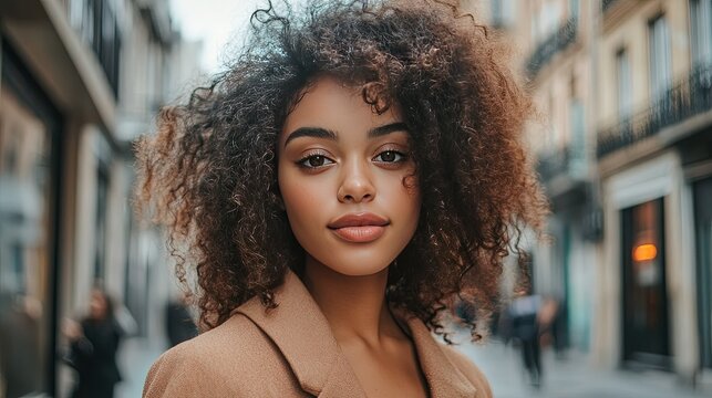 A biracial woman with natural curls, her face showing confidence and self-assurance as she walks down a street.