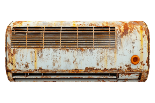 A damaged, rusty air conditioner, isolated on a transparent background, ideal for repair, maintenance, or weathered appliance-themed designs.