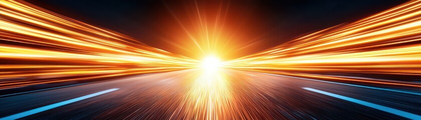 Obraz premium Vibrant light trails illuminate dark road, creating dynamic sense of speed and motion