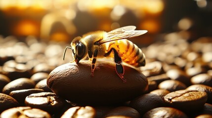 Honey bee perched on roasted coffee beans close-up, natural wildlife macro photography for nature lovers, coffee enthusiasts, warm tones, golden sunlight, rustic background, morning ambiance