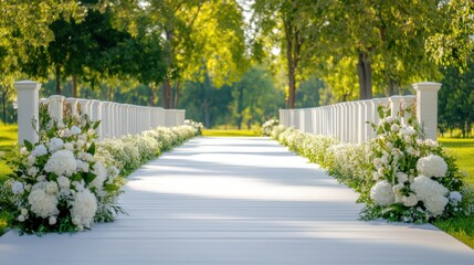 Obraz premium White Wedding Aisle Flower Decor Garden Path Summer Ceremony