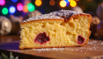 Slice of homemade cake with berry filling and powdered sugar on wooden board with colorful lights in background