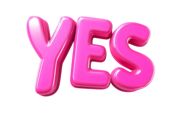 "YES" in pink, with a white background, in a 3D style, in a cartoon style, as clip art, isolated on a white background