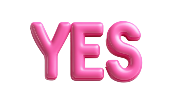 "YES" in pink, with a white background, in a 3D style, in a cartoon style, as clip art, isolated on a white background
