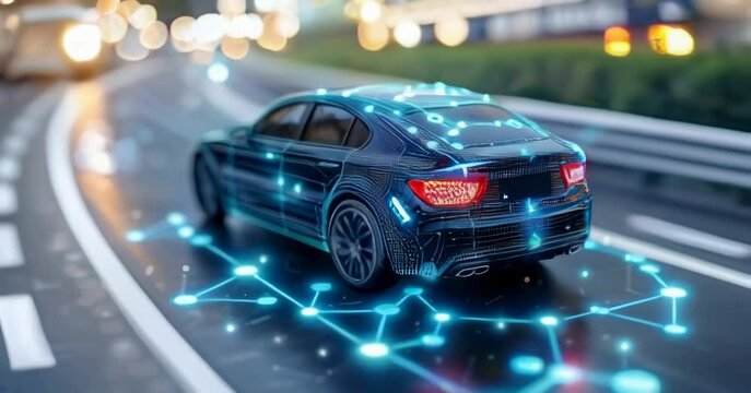 Futuristic car on a highway with glowing digital connectivity graphics, symbolizing autonomous driving, smart technology, and the future of transportation in a connected world