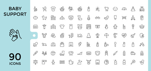 Babies Care icons set. Contains such icons as stroller, bear, bottle, safe, duck, birth, mother, milk. Minimalistic icons. Editable stroke. Vector illustration.