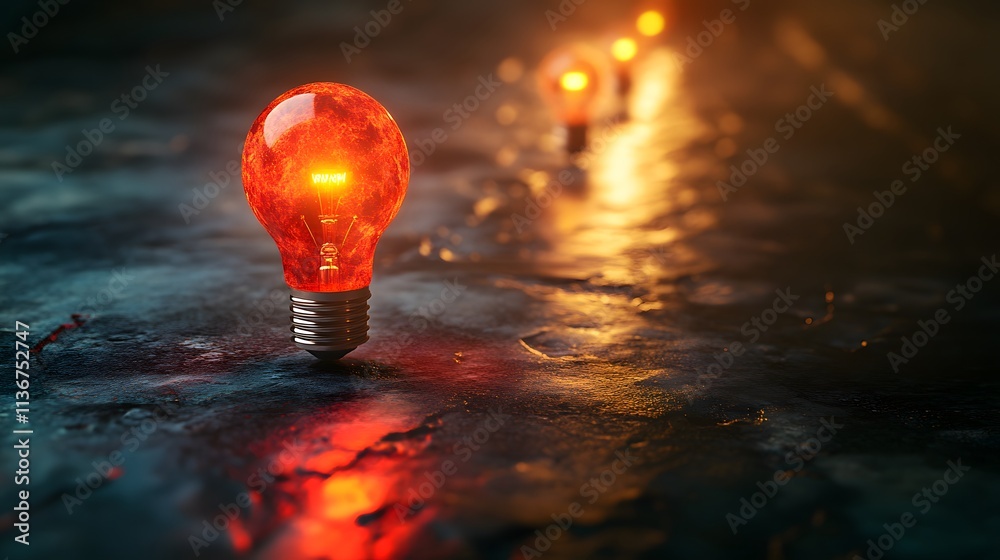 Poster close-up of vintage-style orange light bulb on wet surface with reflective light creating an atmosph