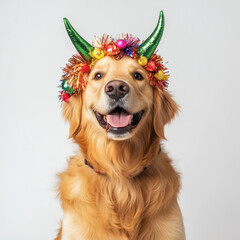 Golden retriever with festive green horns and colorful decorations