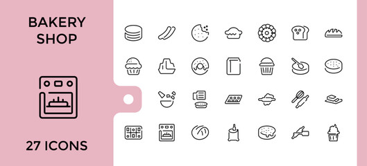 Bakery Shop icon set. Containing bakery, croissant, cake, element, donut, baker, food and more. Thin outline icons pack. Editable vector icon and illustration.
