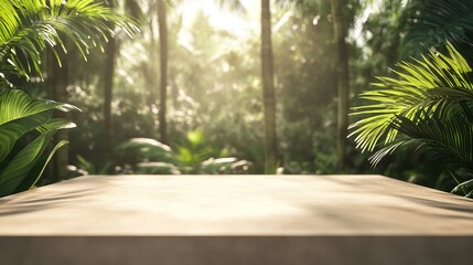 Fototapeta premium Tabletop on jungle background for product presentation. Beige concrete countertop in forest with palm trees. Outdoor mockup for cosmetics design.