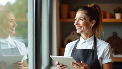 Happy Restaurant Worker Using Tablet
