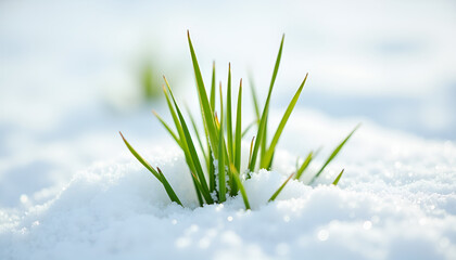 Close-up of green sprouts emerging through melting snow in early spring
