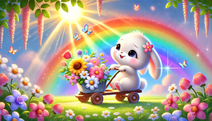 Naklejka premium Cute bunny pushes a wheelbarrow full of colorful flowers