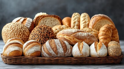 A variety of artisanal breads are arranged in a woven basket at a grocery store