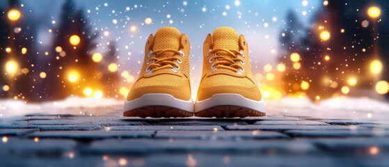 Bright yellow sneakers stand out against dreamy, bokeh background filled with soft lights and snowy atmosphere, evoking sense of joy