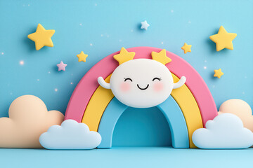 Fototapeta premium cheerful rainbow with smiling cloud and stars against blue background creates whimsical atmosphere