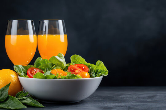 Fresh salad with colorful tomatoes and orange juice in glasses - Powered by Adobe