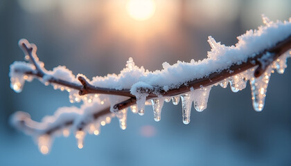 Obraz premium Close-up of a snow-covered branch with melting icicles illuminated by sunlight