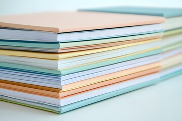 A stack of colorful notebooks arranged neatly, showcasing various pastel shades.