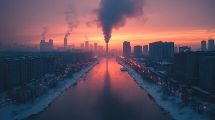 Fototapeta premium Factory Emission Impact on Air Quality at Sunset