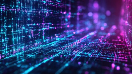 Fototapeta premium A digital neon grid glowing in shades of purple and teal for a futuristic vibe