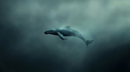 Obraz premium A majestic gray whale gracefully swimming through dark, cloudy waters, embodying the essence of oceanic serenity.